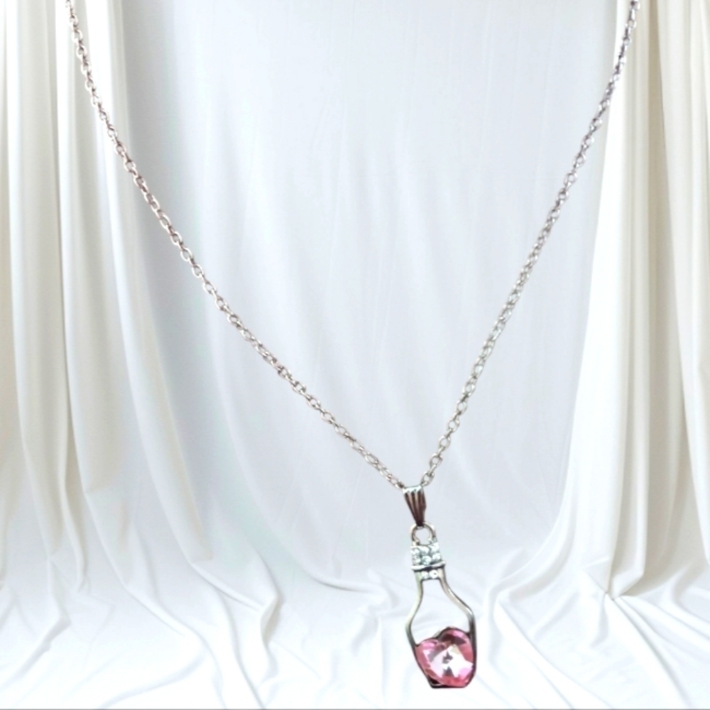 Silver Tone  Necklace with Pink Crystal Heart Charm